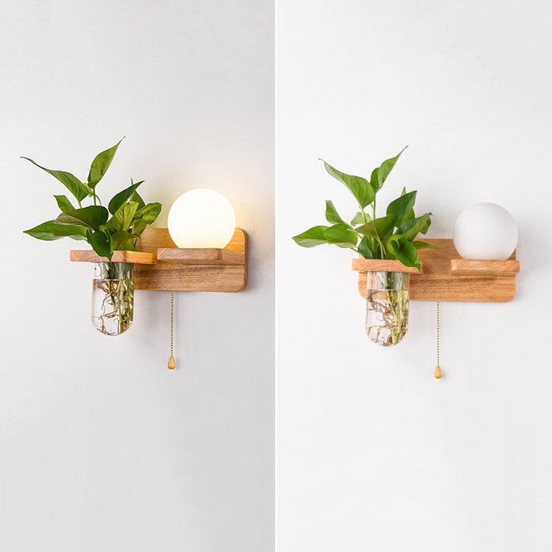 Modern Style Ball Shade Wall Light Wood 1 Light Sconces for Bedroom without Plant