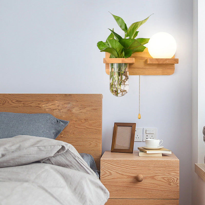 Modern Style Ball Shade Wall Light Wood 1 Light Sconces for Bedroom without Plant