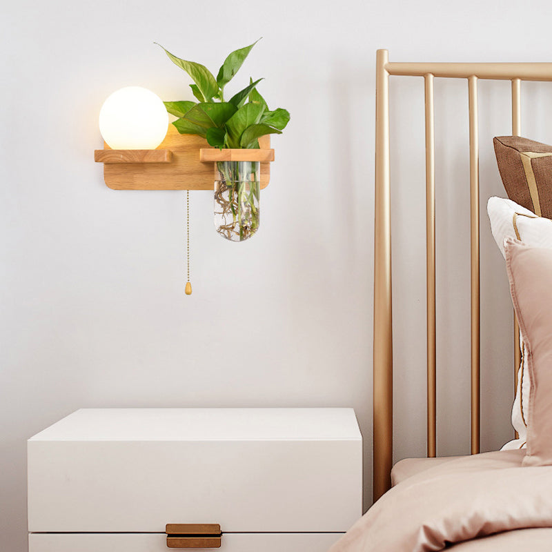 Modern Style Ball Shade Wall Light Wood 1 Light Sconces for Bedroom without Plant