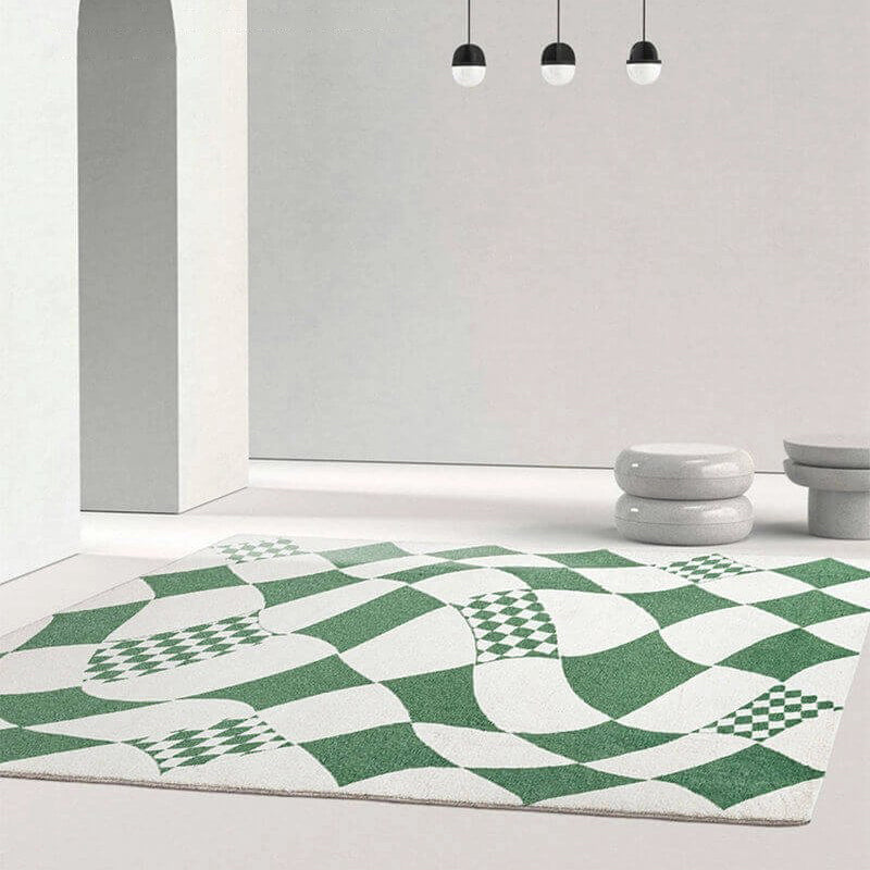 Green Modern Carpet Polyester Check Pattern Carpet Washable Carpet for Living Room