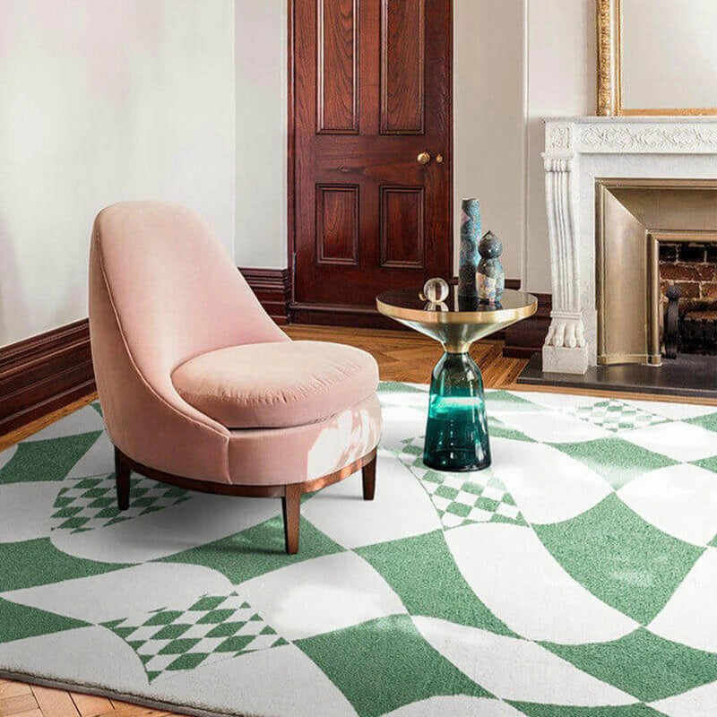 Green Modern Carpet Polyester Check Pattern Carpet Washable Carpet for Living Room