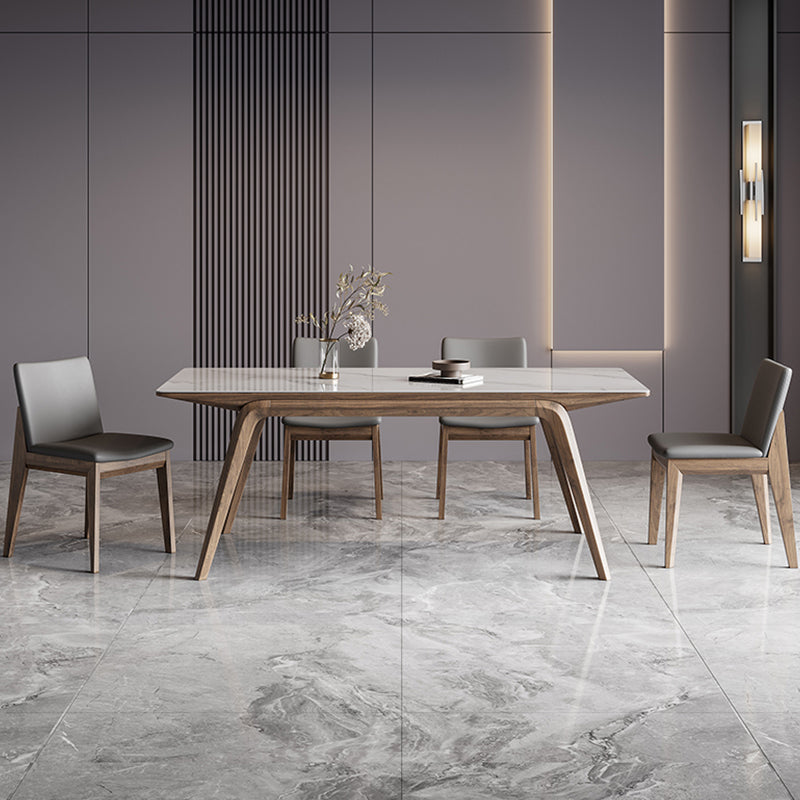 White Mid-Century Dining Table Stone Top Table with Wooden Frame