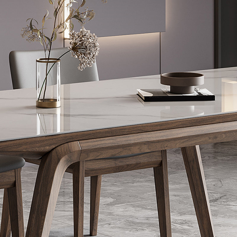 White Mid-Century Dining Table Stone Top Table with Wooden Frame