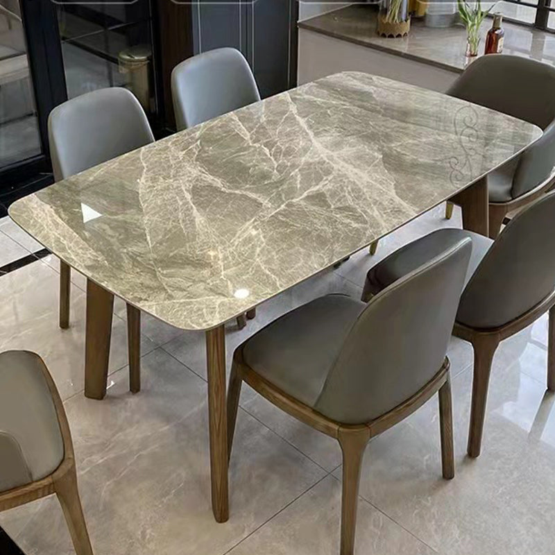 Gray Mid-Century Dining Table Stone Top Table with Wooden Base