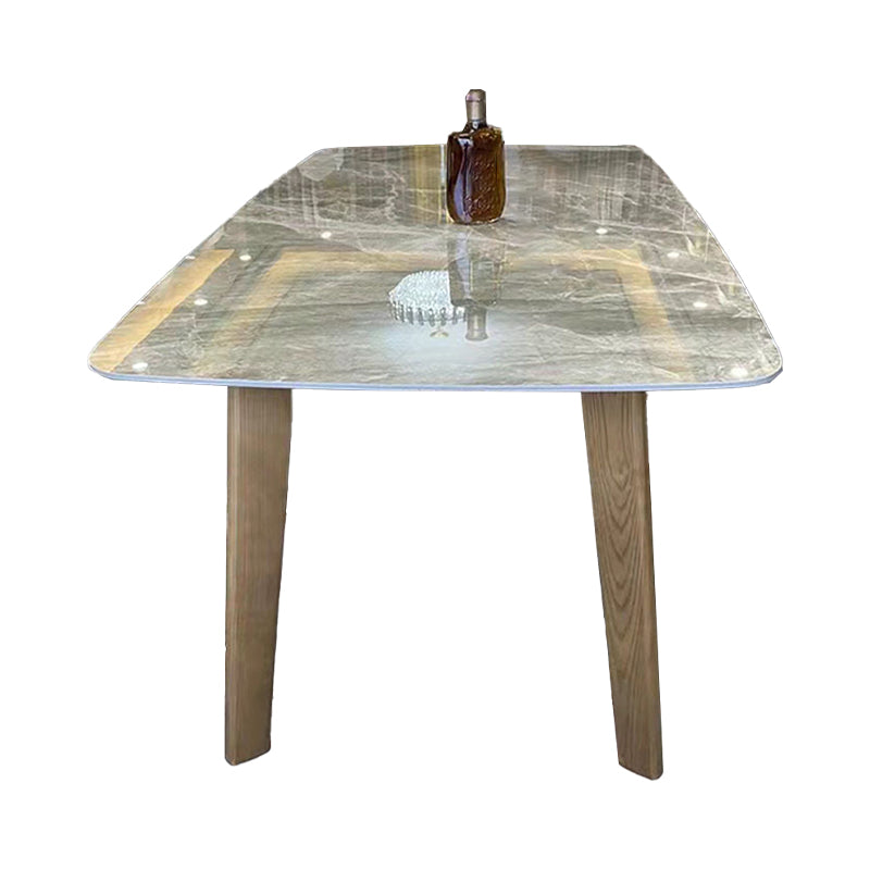 Gray Mid-Century Dining Table Stone Top Table with Wooden Base