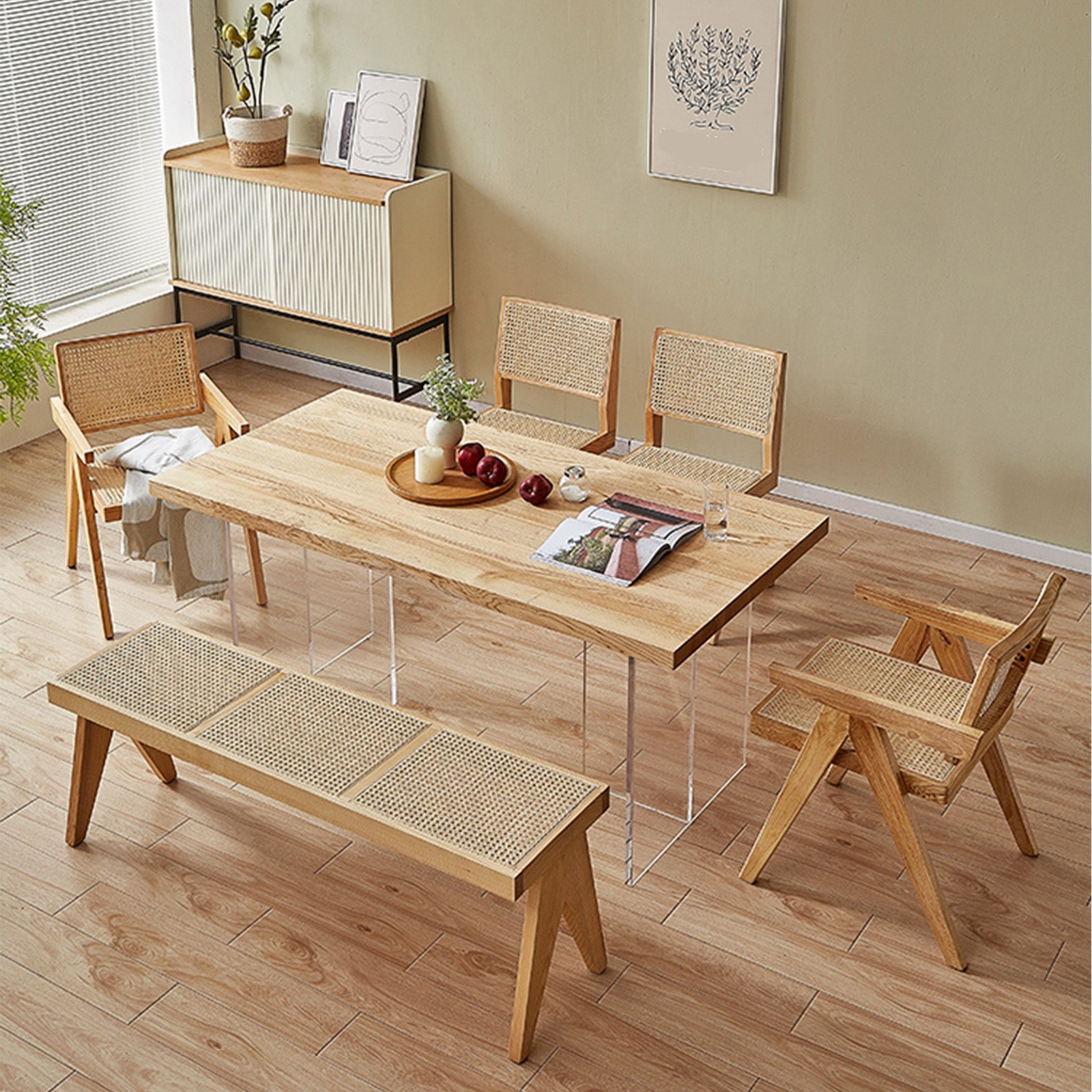 Modern Rectangle Dining Table Wood Table with Acrylic Legs for Kitchen
