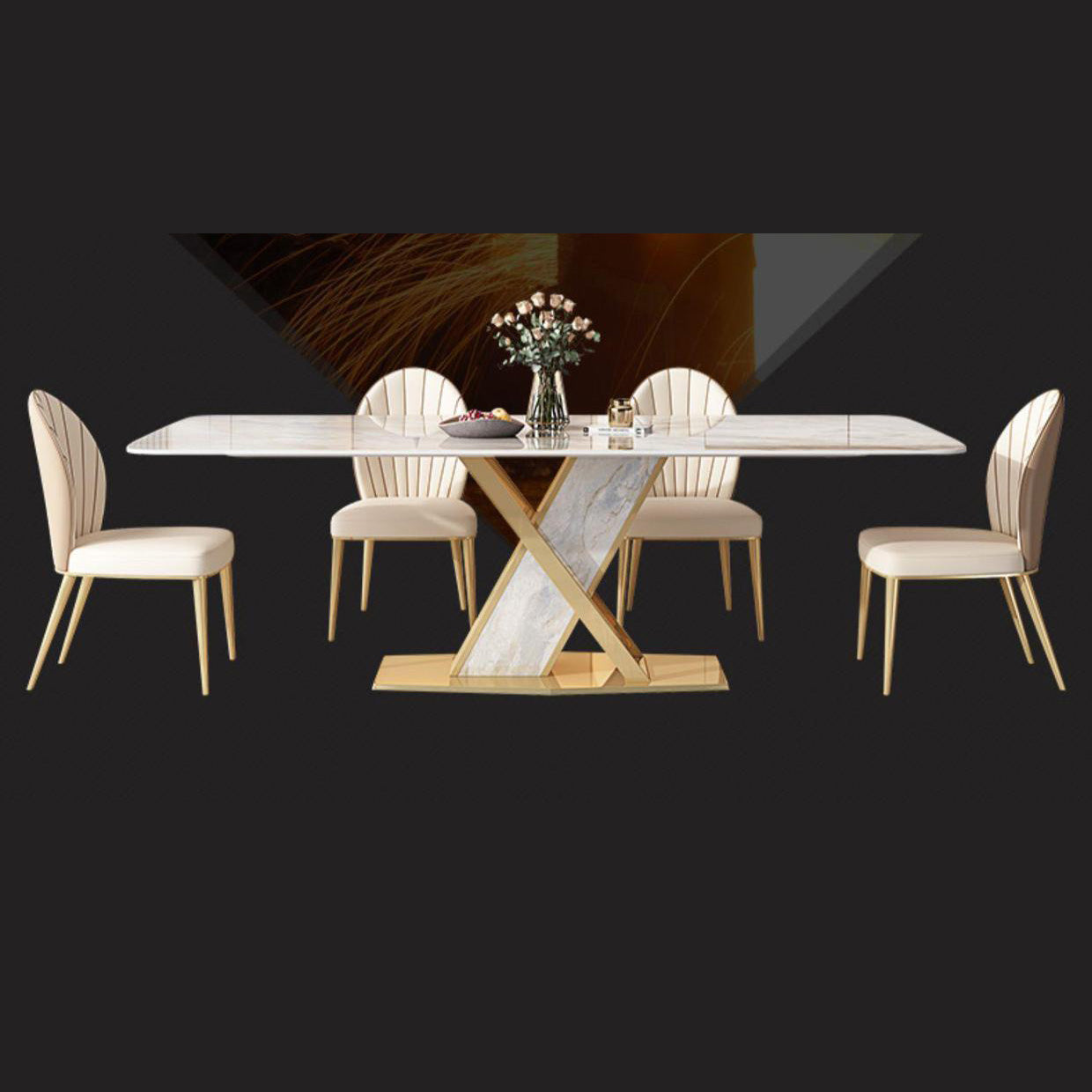 Glam Dining Rectangle Table Sintered Stone Table with Metal Legs for Kitchen