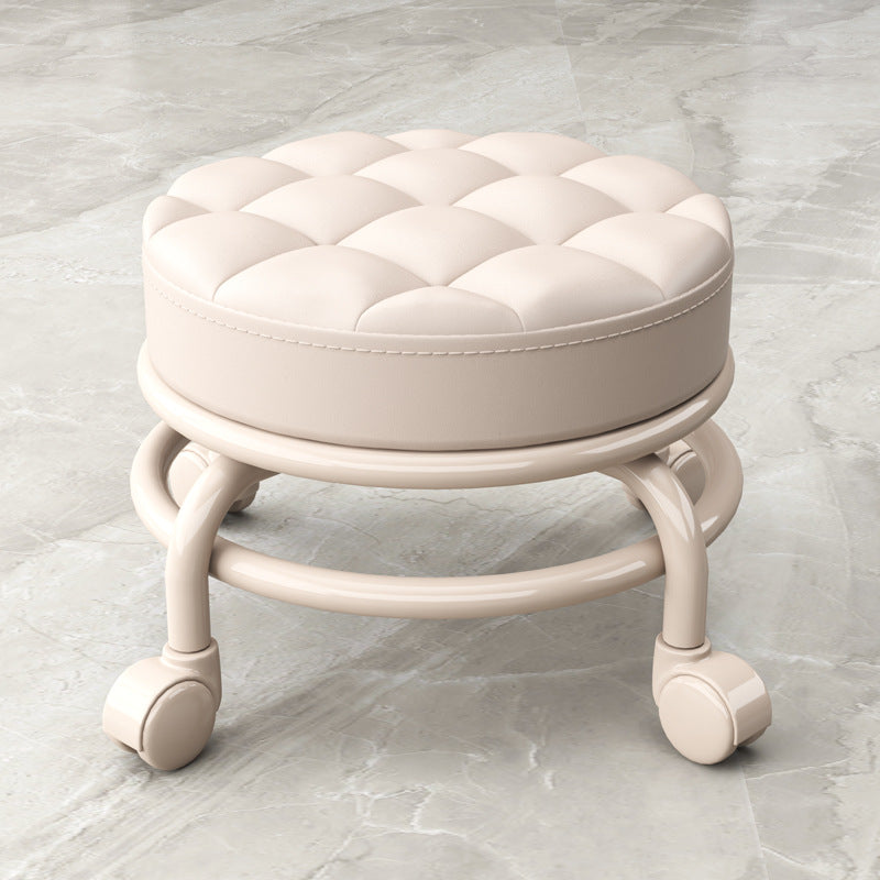 Stain Resistant Ottoman Solid PU Leather Tufted Round Ottoman with Wheels