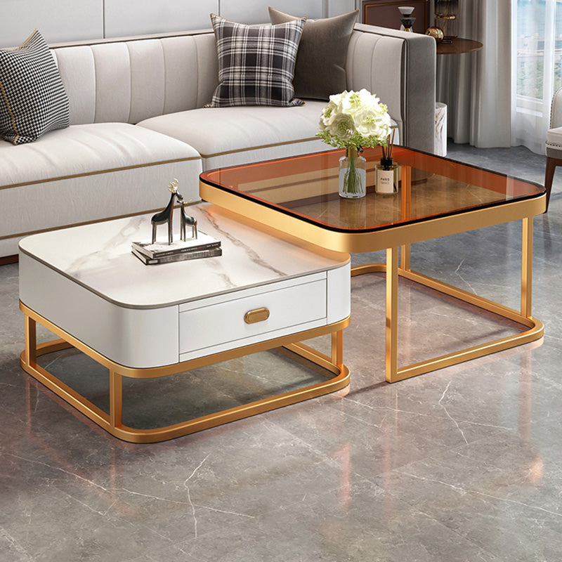 Glam Coffee Cocktail Table Square Glass / Slate Coffee Table with Drawer