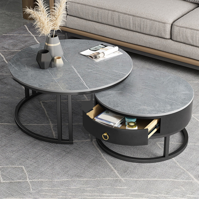 Contemporary Round Slate Coffee Table Steel Frame Cocktail Table