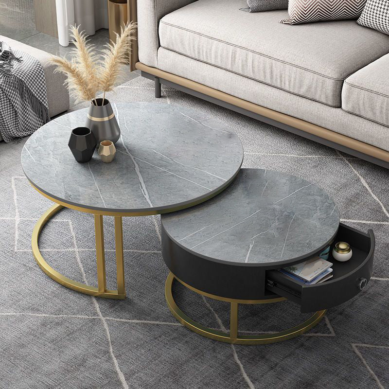Contemporary Round Slate Coffee Table Steel Frame Cocktail Table