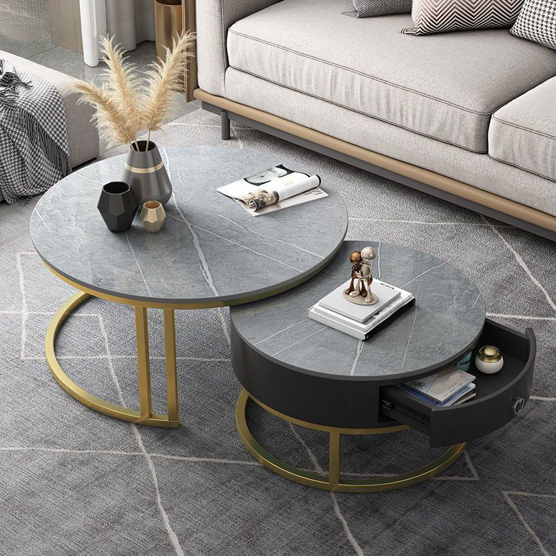 Contemporary Round Slate Coffee Table Steel Frame Cocktail Table