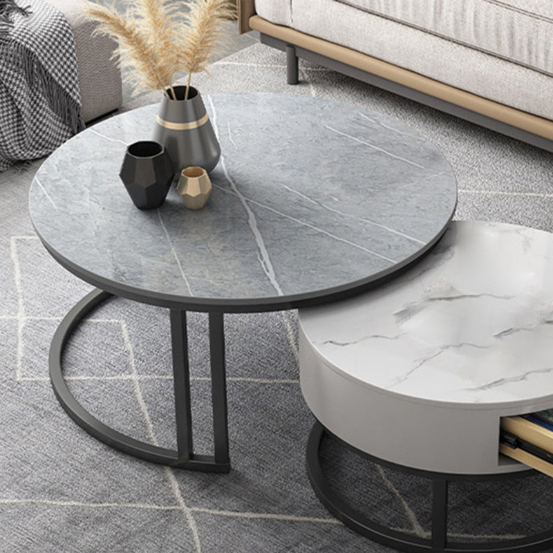 Contemporary Round Slate Coffee Table Steel Frame Cocktail Table