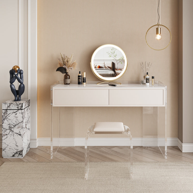 Stone Top Make-up Vanity White Wood Dressing Table with 2 Storage Drawers
