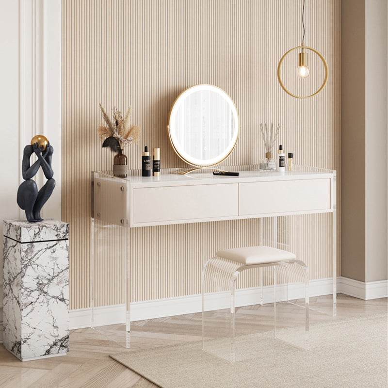 Stone Top Make-up Vanity White Wood Dressing Table with 2 Storage Drawers