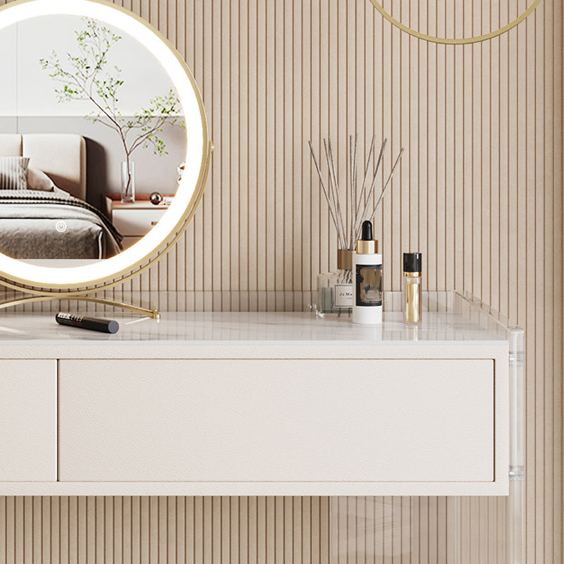 Stone Top Make-up Vanity White Wood Dressing Table with 2 Storage Drawers