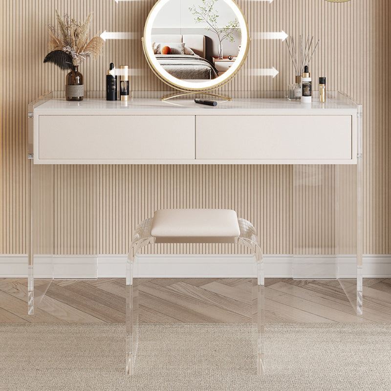Stone Top Make-up Vanity White Wood Dressing Table with 2 Storage Drawers