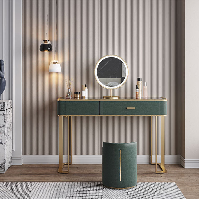 Glass Top Vanity Table 2-Drawer Stool Vanity Set with Lights Mirror