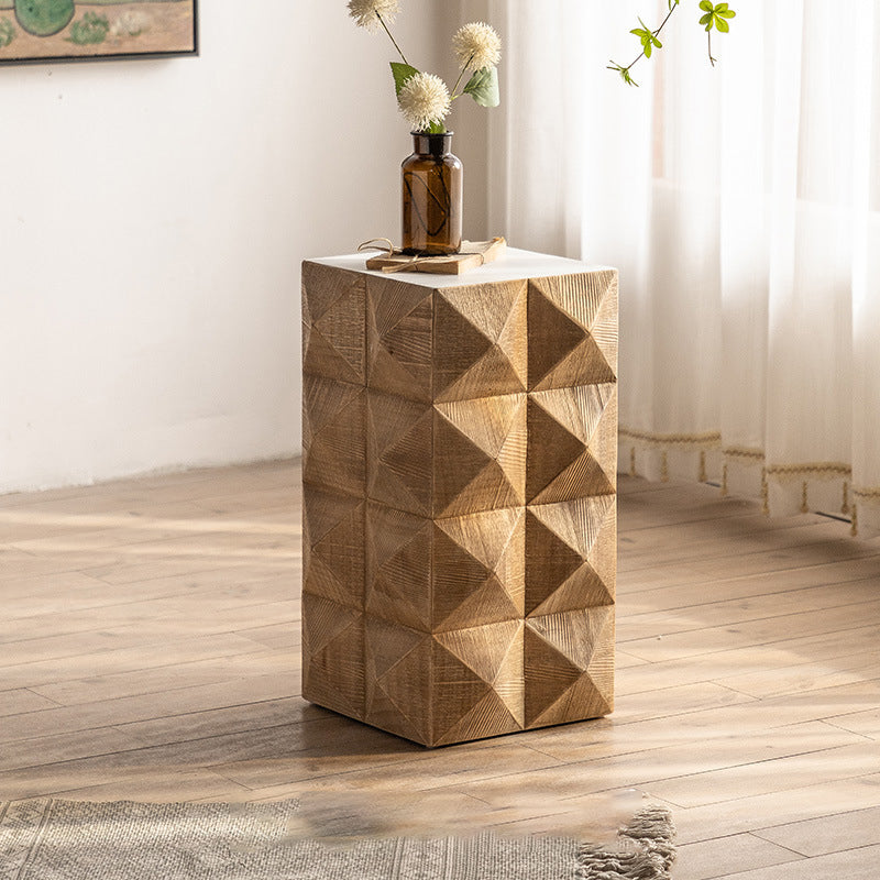 Sqaure Pine Drum Side Table Rustic Natural 14.37" Wide End Table