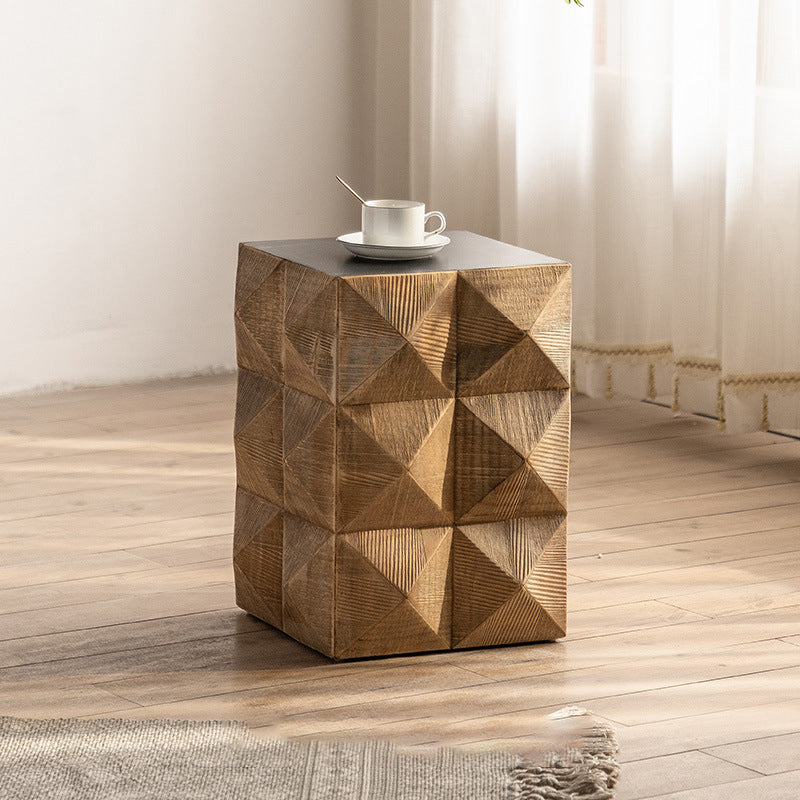 Sqaure Pine Drum Side Table Rustic Natural 14.37" Wide End Table