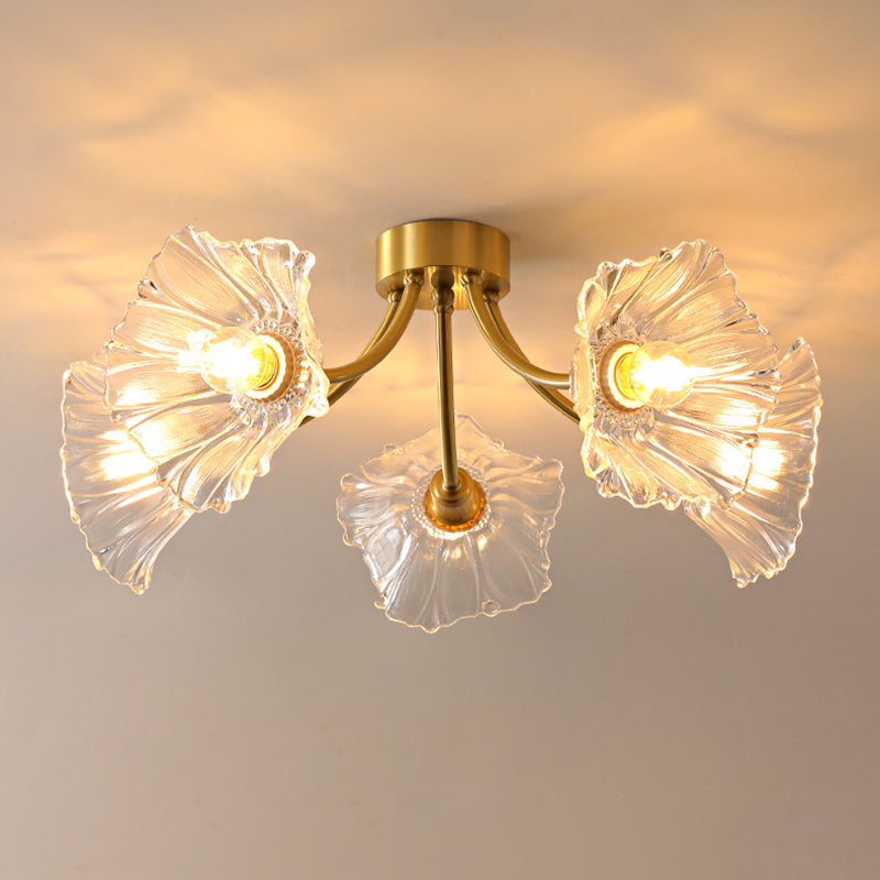 Glass Flower Shape Flush Mount Light Modern Multi Lights Flush Ceiling Light in Brass
