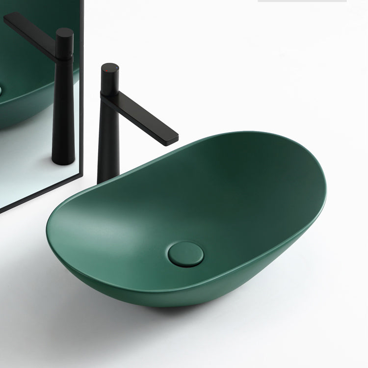 Modern Vessel Bathroom Sink Oval Porcelain with Pop-Up Drain Vessel Lavatory Sink