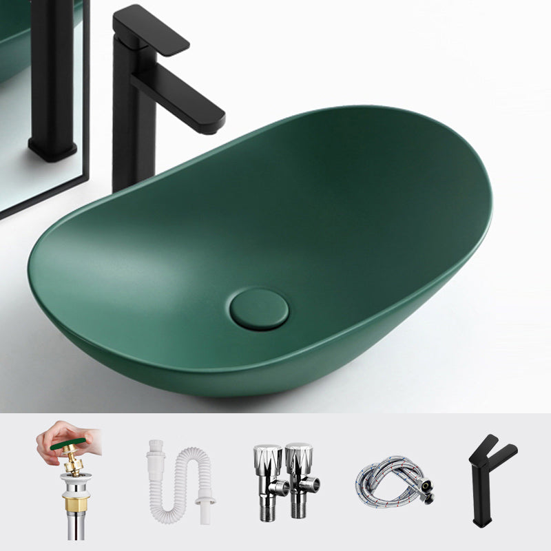 Modern Vessel Bathroom Sink Oval Porcelain with Pop-Up Drain Vessel Lavatory Sink