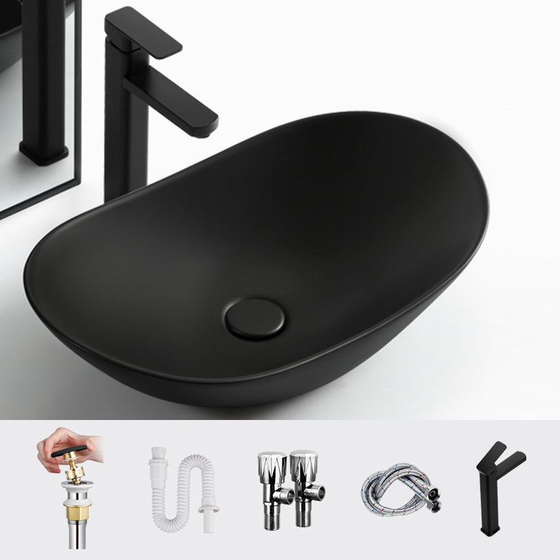 Modern Vessel Bathroom Sink Oval Porcelain with Pop-Up Drain Vessel Lavatory Sink