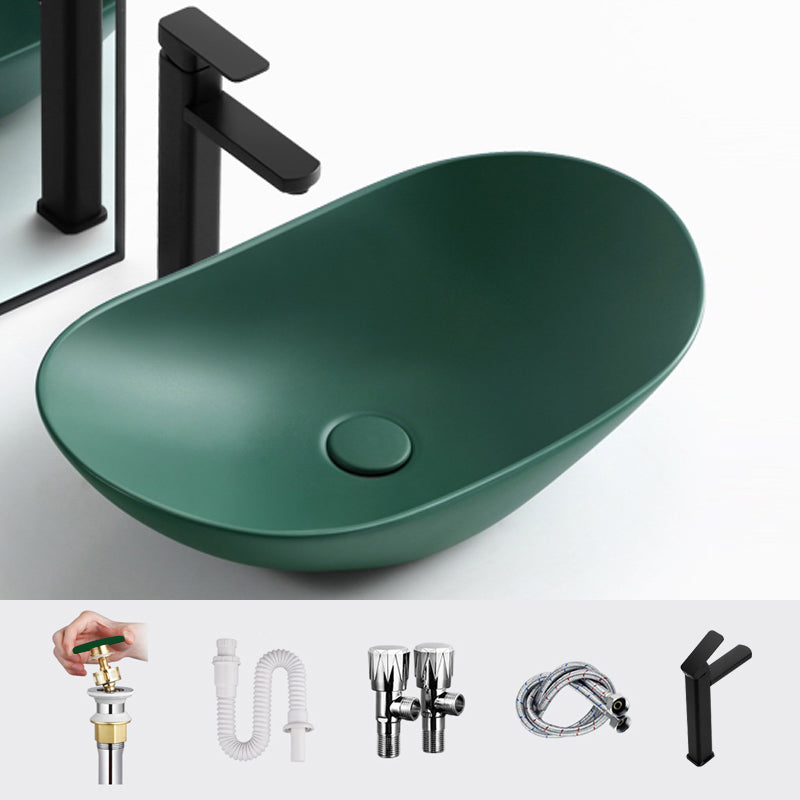 Modern Vessel Bathroom Sink Oval Porcelain with Pop-Up Drain Vessel Lavatory Sink