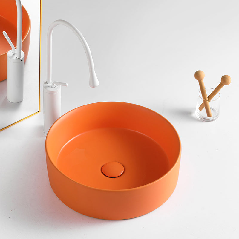 Round White and Orange Trough Bathroom Sink Porcelain Trough Bathroom Sink