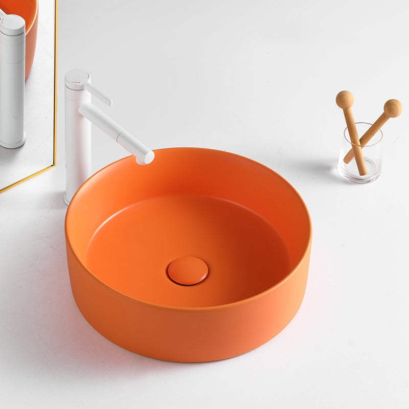 Round White and Orange Trough Bathroom Sink Porcelain Trough Bathroom Sink