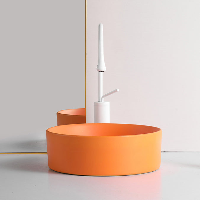 Round White and Orange Trough Bathroom Sink Porcelain Trough Bathroom Sink