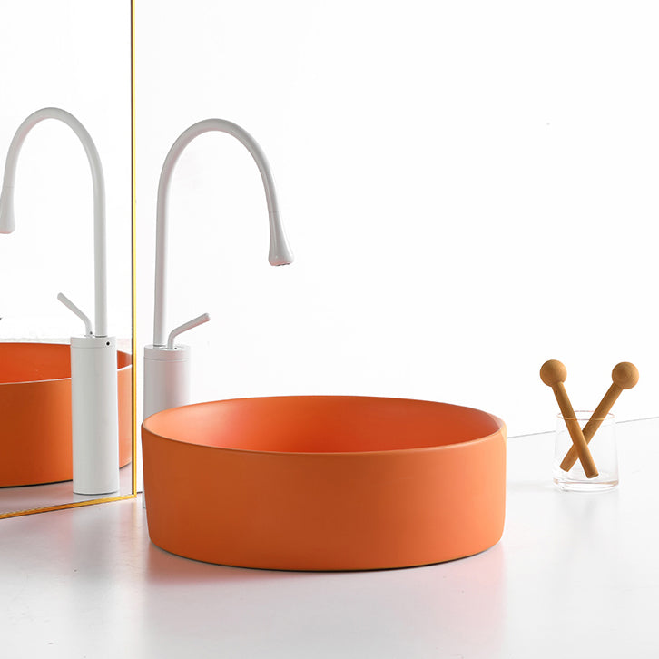 Round White and Orange Trough Bathroom Sink Porcelain Trough Bathroom Sink