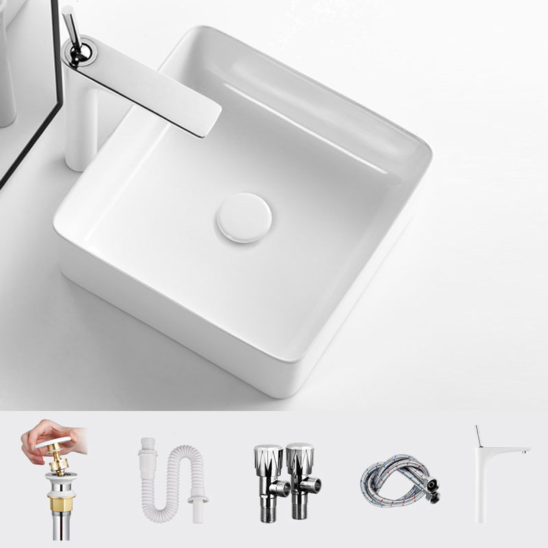 Modern Vessel Bathroom Sink Square Porcelain with Pop-Up Drain Wash Stand