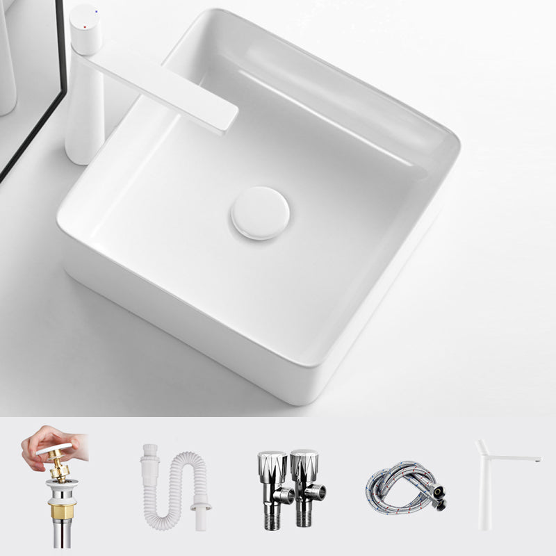 Modern Vessel Bathroom Sink Square Porcelain with Pop-Up Drain Wash Stand