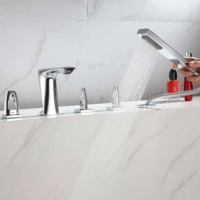 Contemporary Deck Mounted Metal Freestanding Tub Filler Three Handles Freestanding Faucet