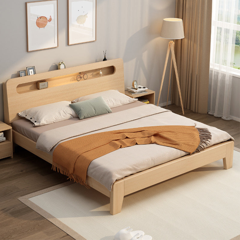 Solid Wood Beveled Standard Bed Storage Headboard Bed with Shelves