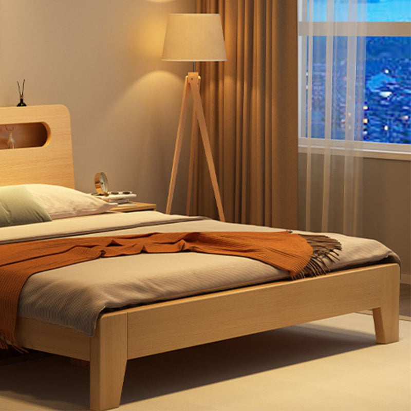 Solid Wood Beveled Standard Bed Storage Headboard Bed with Shelves