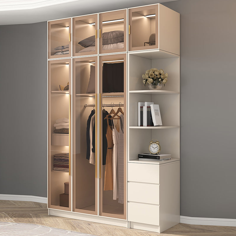 Glass and Wood Wardrobe Cabinet with Shelves Modern Wardrobe Closet
