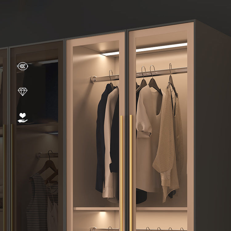 Glass and Wood Wardrobe Cabinet with Shelves Modern Wardrobe Closet