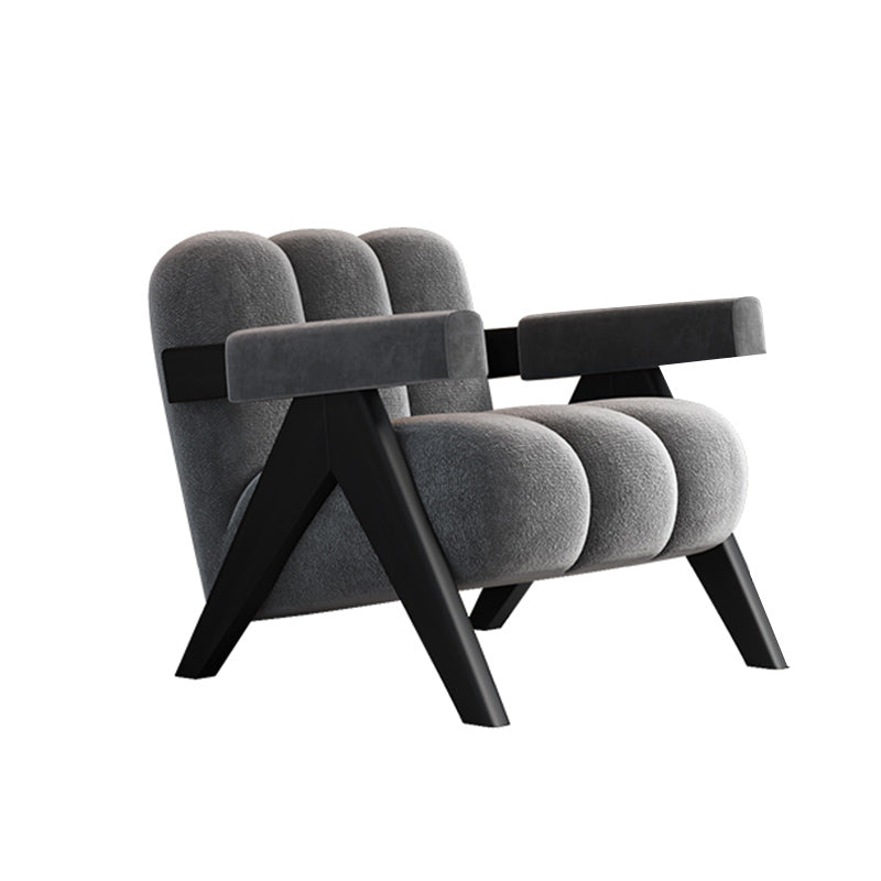 Mid-Modern Century Wood Lounge Chair Sewn Pillow Back Sled Arm Chair in Gray