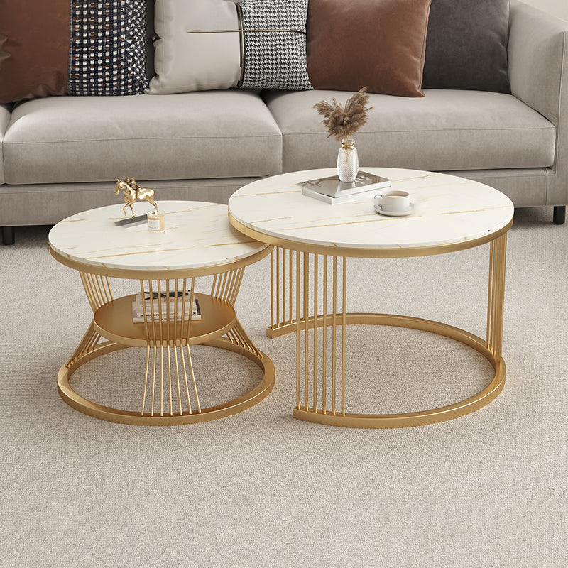 Metal and Slate Coffee Table Glam Round Frame Coffee Table Set