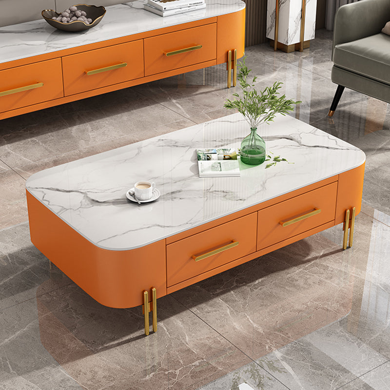Modern Metal 4 Legs Cocktail Table Rectangle Slate Coffee Table with 2 Drawers