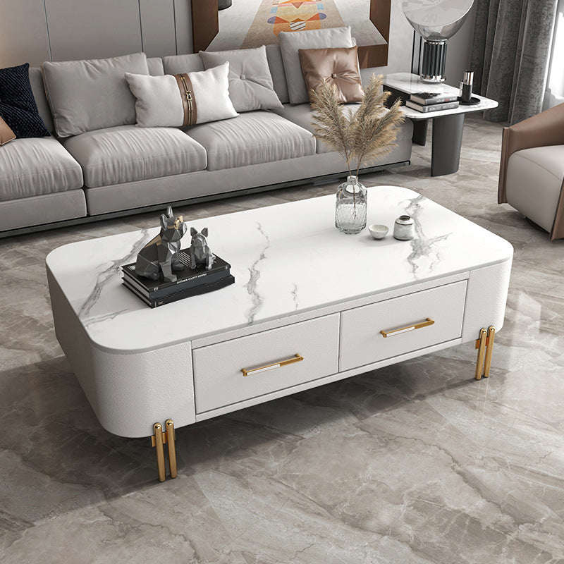 Modern Metal 4 Legs Cocktail Table Rectangle Slate Coffee Table with 2 Drawers