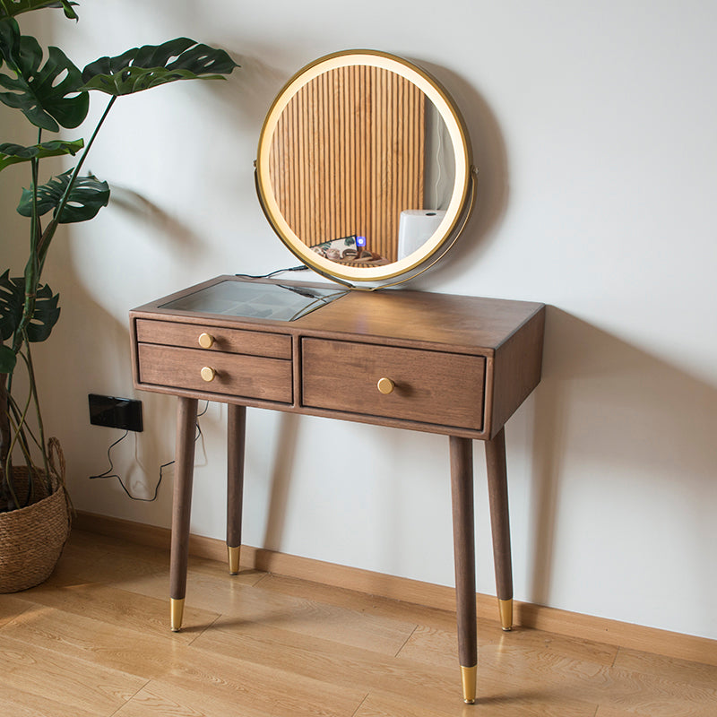 Contemporary Make-up Vanity with Drawers in Brown Rubberwood