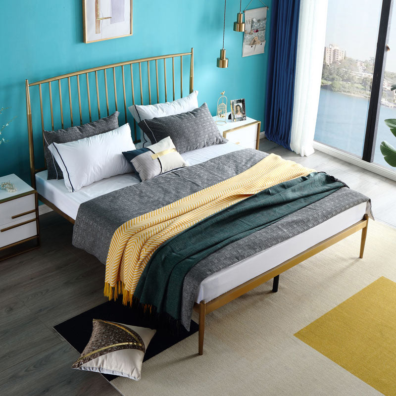 Gold Slat Bed Glam No Distressing Open-Frame Bed with Headboard