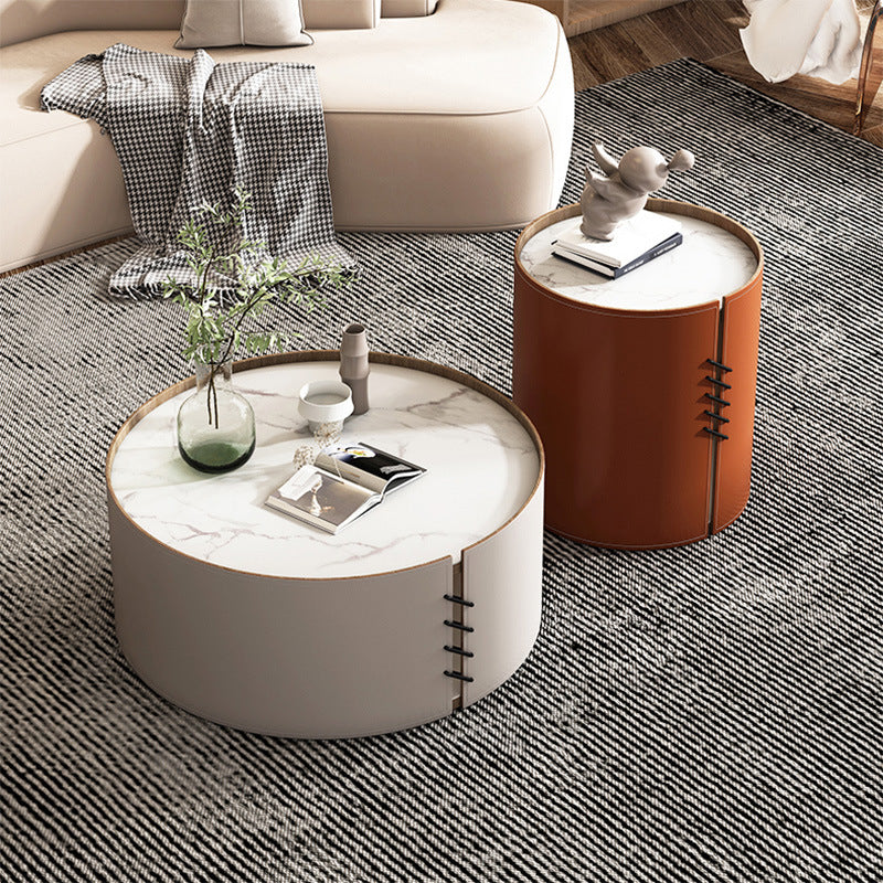 Contemporary Round Coffee Table Leather and Stone Coffee or End Table Drum