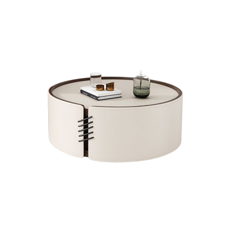 Contemporary Round Coffee Table Leather and Stone Coffee or End Table Drum