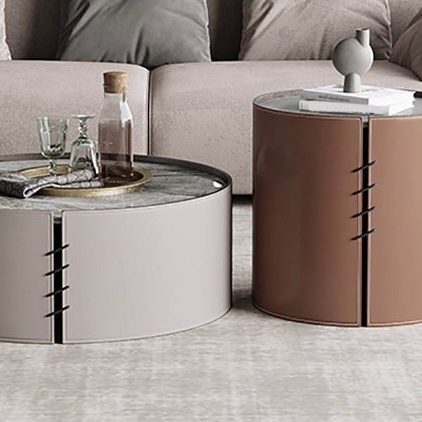 Contemporary Round Coffee Table Leather and Stone Coffee or End Table Drum
