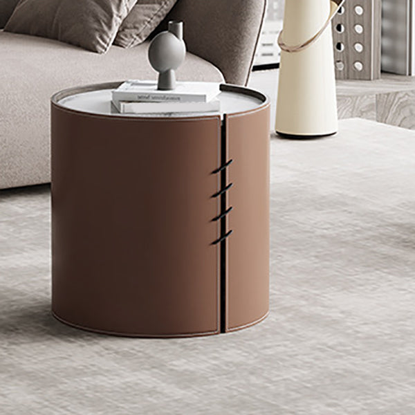 Contemporary Round Coffee Table Leather and Stone Coffee or End Table Drum